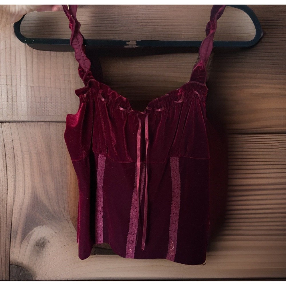 Y2K Babydoll Whimsigoth Goth Tank Top Burgundy Velvet Lace‎ Women Medium Express